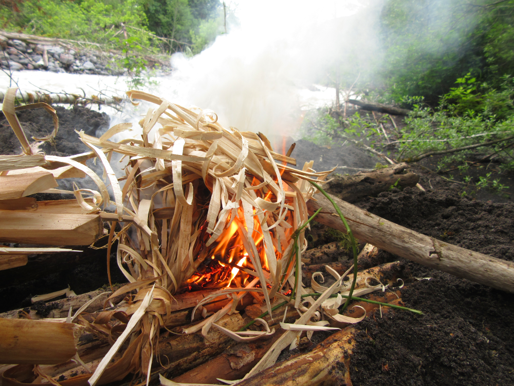 First time trying to start a fire with only wood shavings/ferro rod